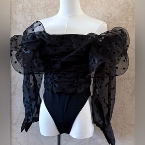 ASOS Luxe Elegant Black Polka Dot Off-Shoulder Ruffle Bodysuit